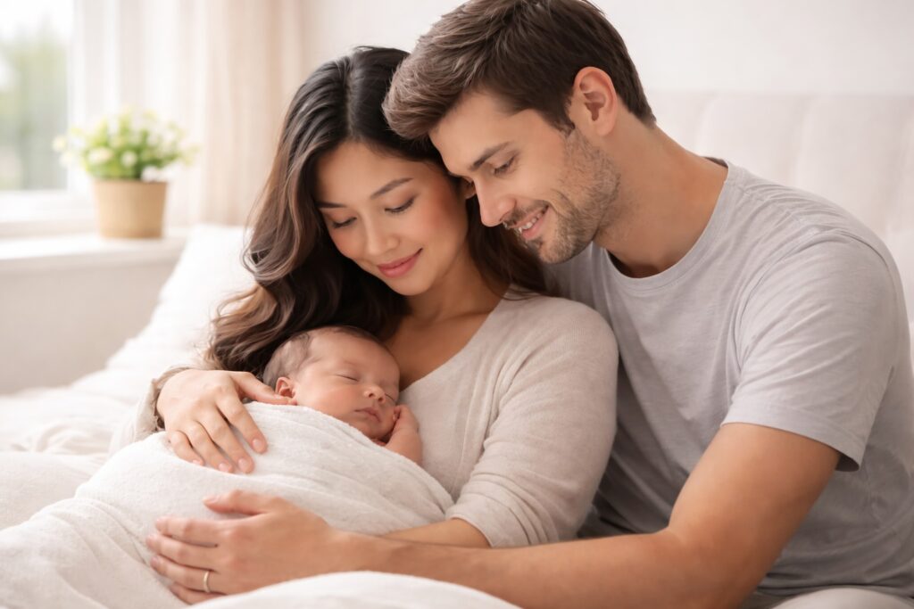 Parents holding a newborn baby under paediatrician guidance β BePeace newborn care