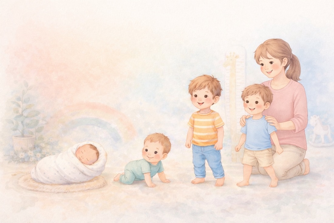 Child growth journey from newborn to walking child with mother