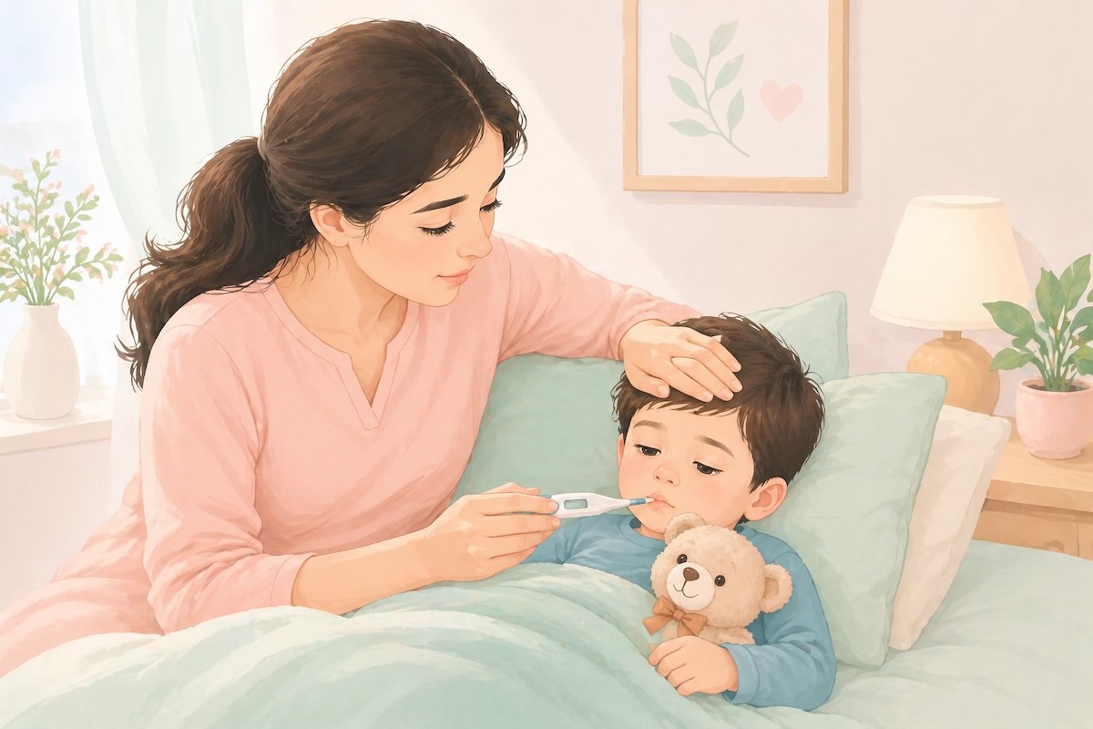 Mother checking child's fever with thermometer at home
