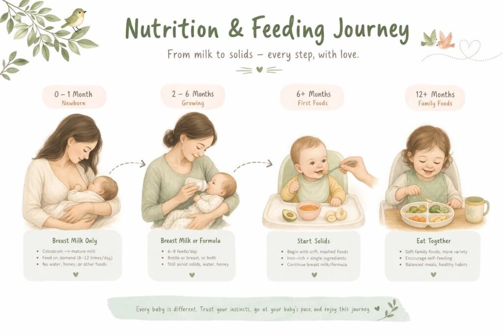 Baby feeding journey from newborn milk feeding to solid foods stages