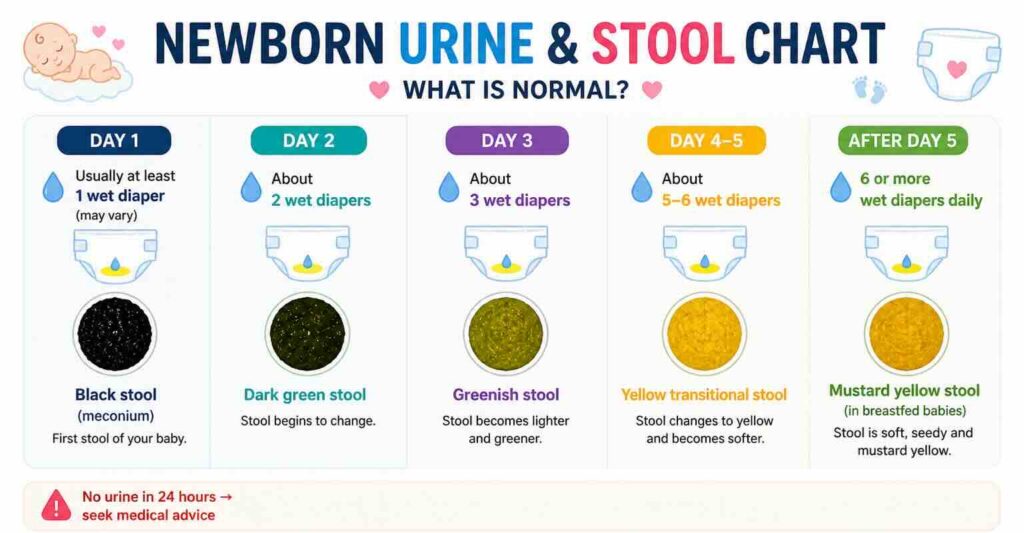 Newborn urine and stool chart showing normal diaper patterns in the first week