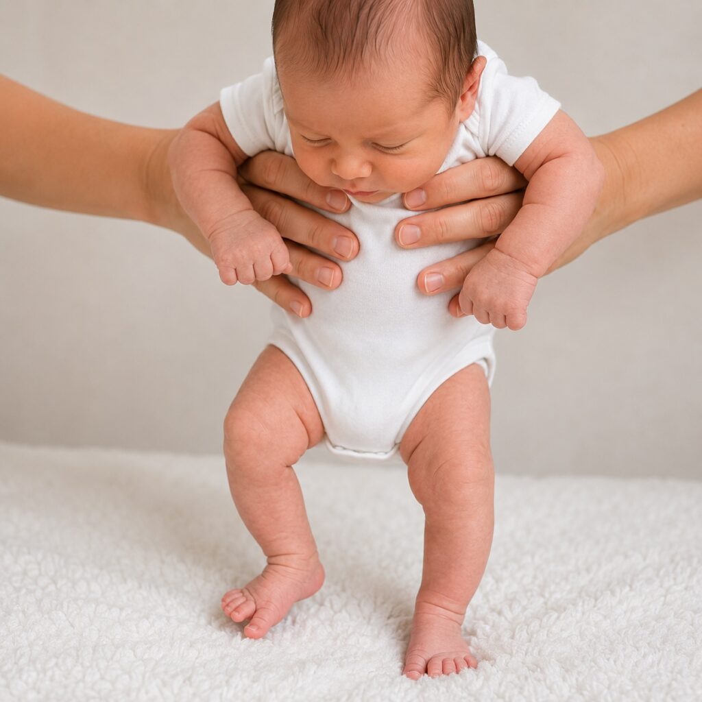 Stepping reflex in babies showing a newborn making stepping movements