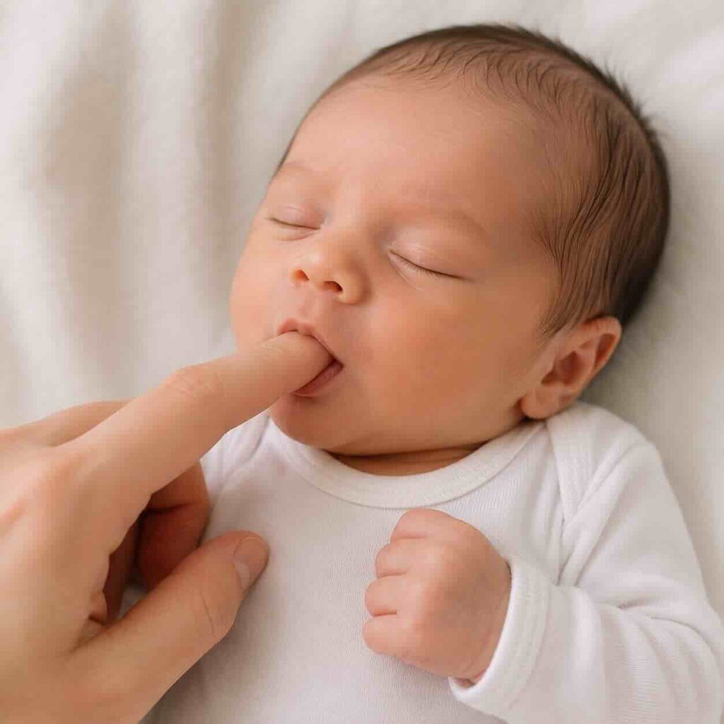 Sucking reflex in babies showing a newborn sucking on a finger