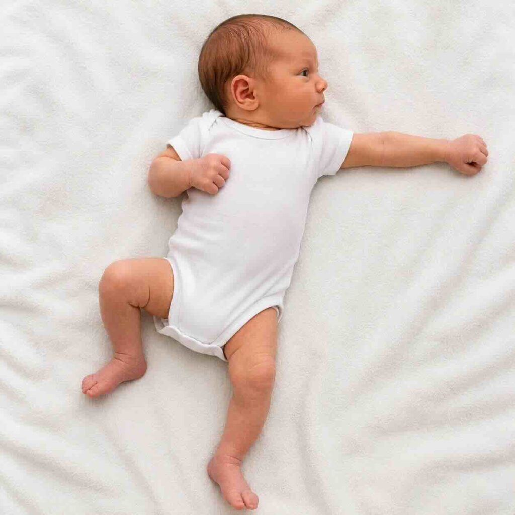 Tonic neck reflex in babies showing a newborn extending one arm while turning the head